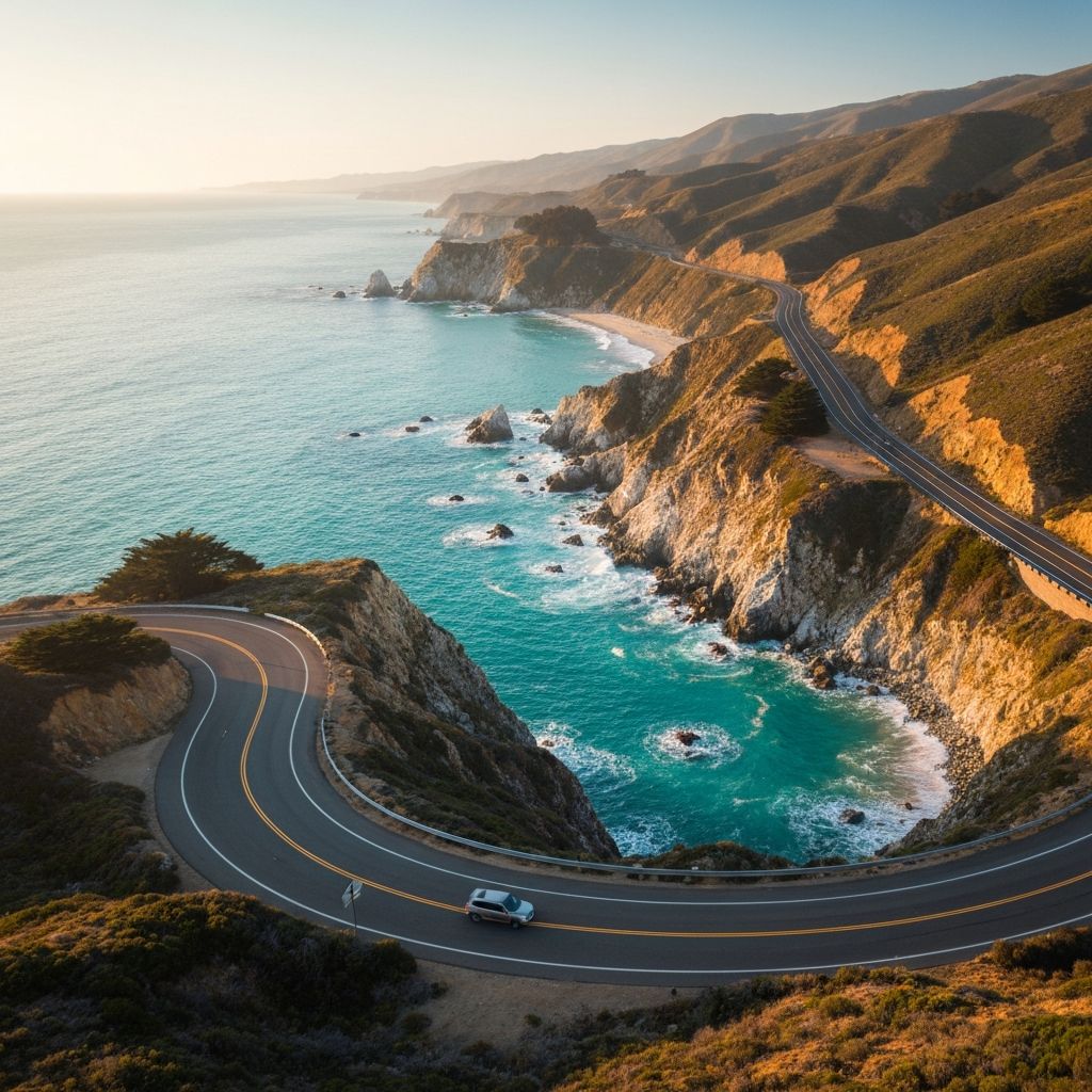 Aerial view of the Pacific Coast Highway winding along California's dramatic coastline