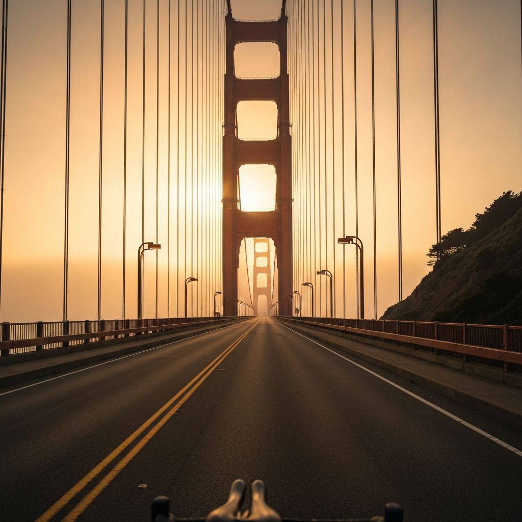 Golden Gate Bridge at sunrise with morning fog